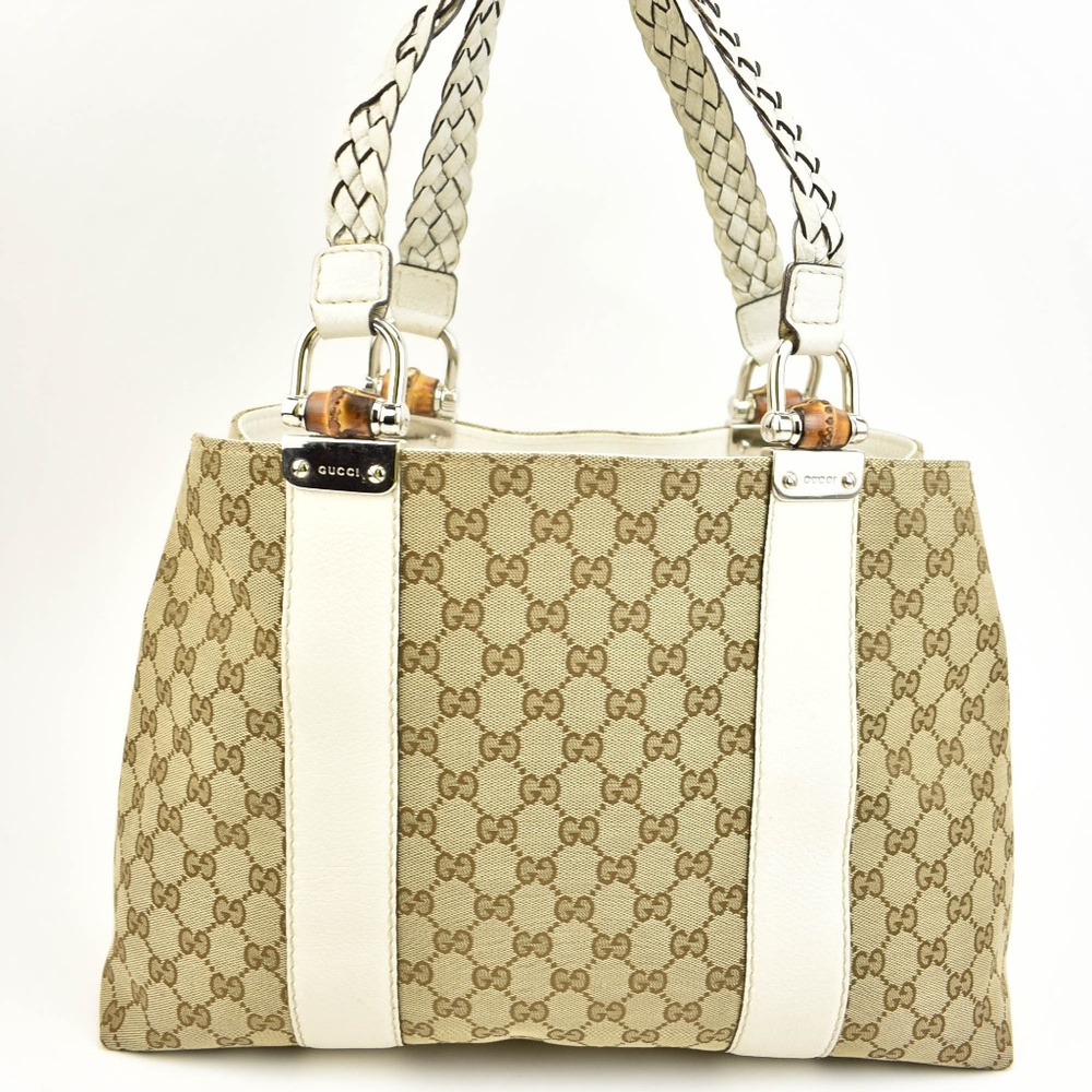 GUCCI White Leather GG Logo & Bamboo Tote Bag (oq)